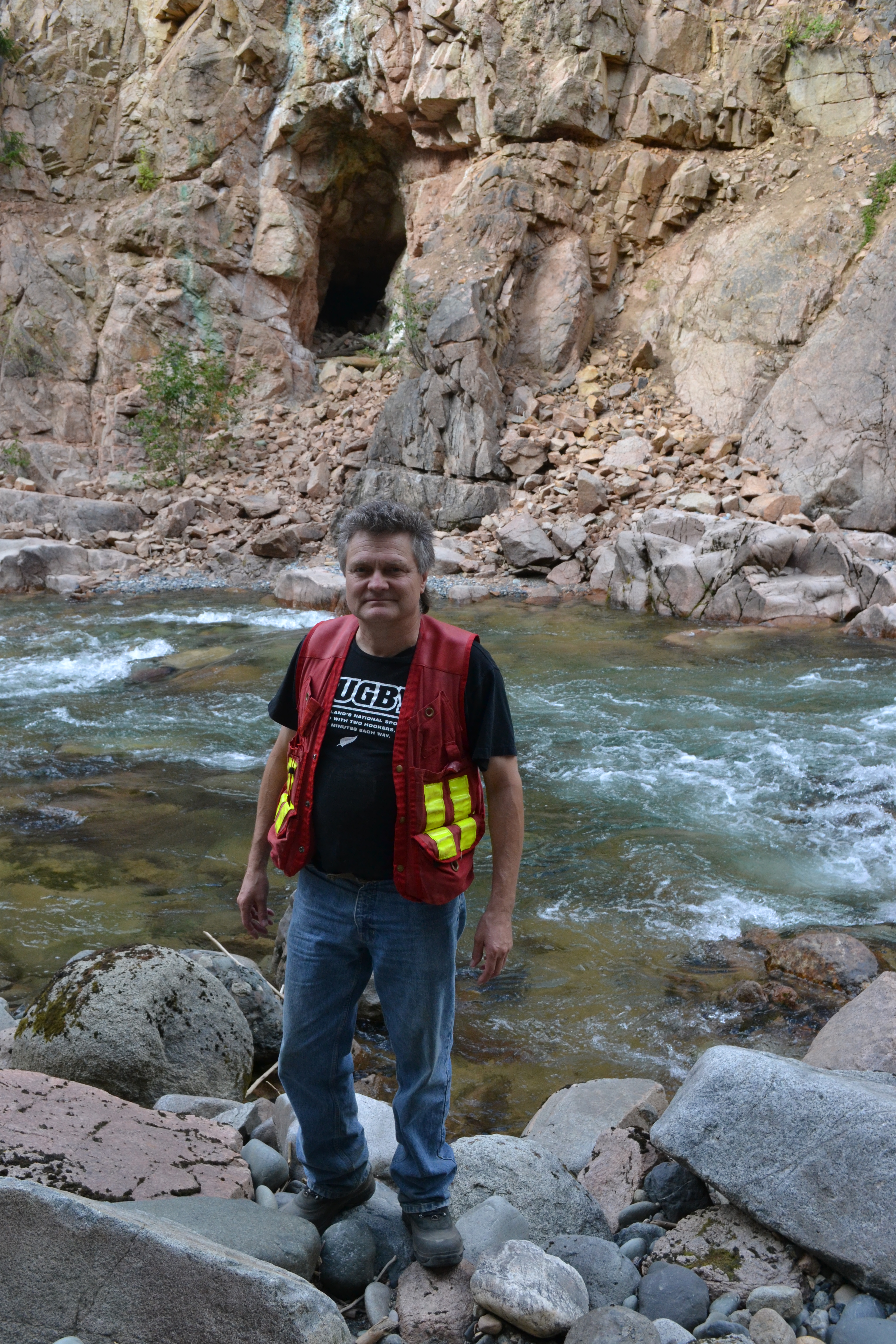 Mike at the Similkameen River adit, Copper Mountain project, 2011